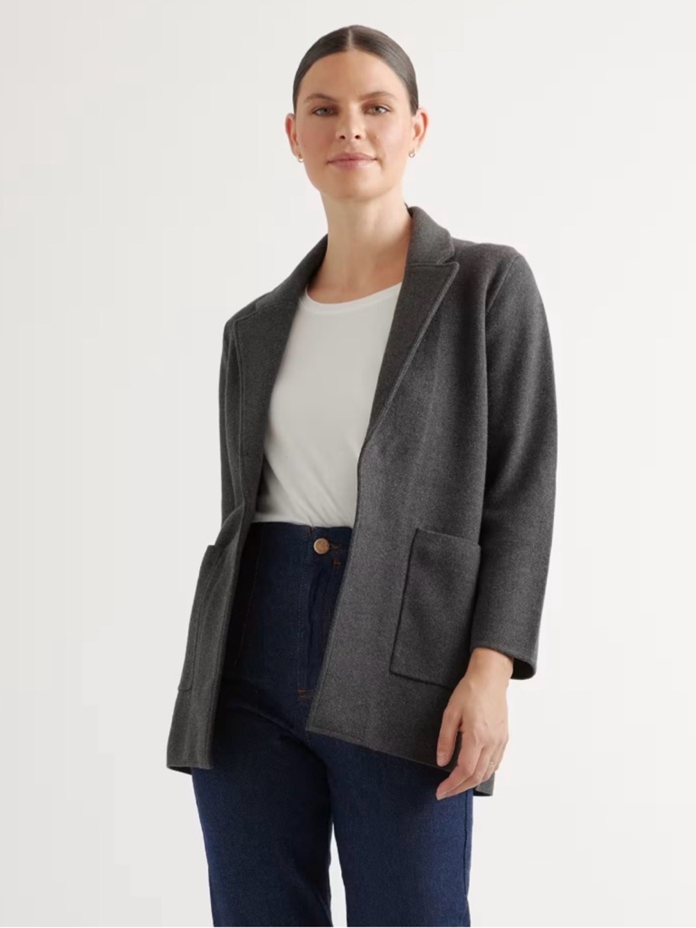 Quince Charcoal Organic Cotton Open-Front Knit Blazer Jacket